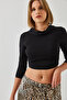 Women's Black Hooded Candy Fabric Crop Blouse 60351281 - 8