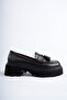Class Model Black Leather Tasseled Women's Loafer Shoes - 4