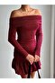 Madonna Collar Skirt Bottom Side Balloon Sides Back Drawstring Detail Long Sleeve Silvery Fabric Stretchy Mini Dress - 3