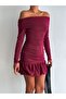 Madonna Collar Skirt Bottom Side Balloon Sides Back Drawstring Detail Long Sleeve Silvery Fabric Stretchy Mini Dress - 2