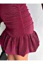 Madonna Collar Skirt Bottom Side Balloon Sides Back Drawstring Detail Long Sleeve Silvery Fabric Stretchy Mini Dress - 7