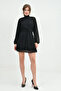 Women's Lined Chiffon Fabric Backless High Neck Long Balloon Sleeve Black Chiffon Dress 066