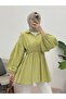 Elastic waist and sleeve v-neck striped tunic - oil green