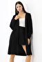 Women's Black Hooded Oversize Loose Long Pocket Knitwear Cardigan - 2