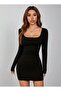 Black Square Neck Long Sleeve Lycra Mini Dress (Seasonal and Winter)