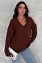 Women's Dark Brown V-Neck Standard Size Oversize Basic Knitwear Sweater - 2