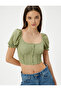 Balloon Sleeve Crop Blouse Lace Detailed Buttoned U-Neck Crinkle Fabric - 2