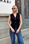 Black V-Neck Gold 2-Button Women's Knitwear Vest - 2