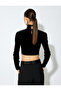 Long Sleeve Stand Collar Dangle Stone Detailed Crop Velvet Blouse - 4