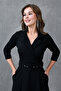Stretchy Fabric Belt Detailed Double Breasted Jacket Lapel Pocket Detailed Flared Cutout Black Evening Dress 020 - 3