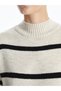 Beige Mock Neck Striped Women's Knitwear Dress - 3