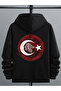 Bozkurt Moon & Star Symbol Back and Front Printed Unisex Lined Hooded Three-Thread Sweatshirt