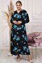 Long Sleeve Viscose Navy Blue Turquoise Rose Patterned Hijab Plus Size Mother Dress with Cup