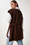 V-Neck Belted Long Knit Sweater Brown Lus0042 - 5