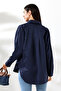 Oversize Micro Satin Draped Navy Blue Women's Shirt - 8