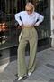 Khaki Double Button Pleated Women's Palazzo Linen Trousers