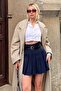 Navy Blue Full Pleated Belted Lined Shorts Women's Mini Skirt