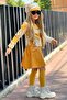 Girl's Plaid Patterned Jacket and Button Detailed Leather Yellow Skirt Suit