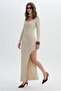 Ecru Slit Long Knitwear Dress