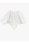 Blouse Oversize Long Balloon Sleeves Round Neck Polka Dot Tied Front - 2