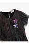 Shiny Tulle Dress with Star Applique - Short Sleeve and Gathered Waist - 3