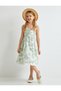 Cotton Long Dress with Straps - Floral Pattern and Gather Detail - 2