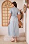 Women's Blue Glittery Tulle Evening Dress with Gray Polka Dot Lining Dm45948 - 5