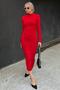 Red Helen Half Turtleneck Waist And Shoulder Draped Women's Midi Dress