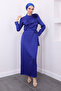 Cobalt blue Front Detailed Bronched Satin Evening Dress - 3