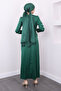 Emerald Green Satin Evening Dress with Feathered Sleeves and Side Details - 5