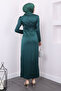 Emerald Green Satin Evening Dress with Stone Embellished - 5