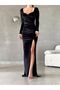 Women's Long Sleeve Long Length Slit Evening Dress Winter Fabric Stylish Wedding Evening Dress Velvet Dress Black Color - 6