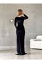 Women's Long Sleeve Long Length Slit Evening Dress Winter Fabric Stylish Wedding Evening Dress Velvet Dress Black Color - 8