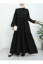 Segmented Half Buttoned Sleeve Elastic Dress -Black