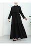 Segmented Half Buttoned Sleeve Elastic Dress -Black - 6