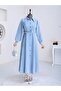 Stone embellished full-length buttoned belted denim dress - ice blue