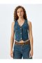 V-Neck Jeweled Buttoned Sleeveless Slim Fit Denim Vest - 3