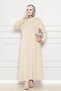 Brooch Detailed Dress-Beige