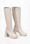 Women's Beige High Thick Heeled Low-Cut Boots - 4