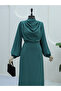 Pleated shoulder high collar crepe dress - mint