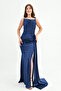 Navy Blue Satin Maxi Dress with Draped and Slit Fish Cut 39461 - 7