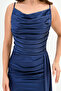 Navy Blue Satin Maxi Dress with Draped and Slit Fish Cut 39461 - 4
