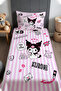 Kuromi Patterned Bedspread and Pillowcase with Lilac Stripe