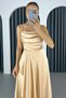 Women's Gold Flounce Slit Satin Midi Length Evening Dress & Homecoming Dress - 4