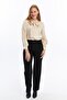 Beige Satin Women's Shirt - Solid Cut with Bow - 2