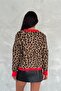 Women's Standard Size Leopard Pattern Red Stripe Buttoned Knitwear Cardigan - 6