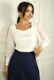 Pentagonal Neck Long Sleeve Tulle Blouse - 2