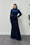 Velvet Fabric Glitter Printed Evening Dress - NAVY BLUE - 2