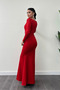 Crepe Fabric Belt Detailed Fish Dress - Red - 5