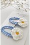 Girl's Hand-Knitted Daisy Figured Snap Buckle Set of 2 – 7 cm Large Size – for Ages Above 3 – Indigo